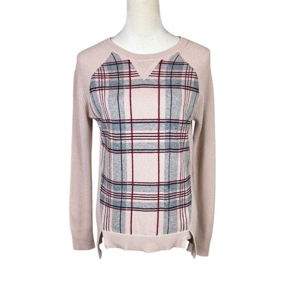 Autumn Cashmere Tan Ribbed Knit Plaid 100% Cashmere V-neck Pullover Sweater - Picture 1 of 11